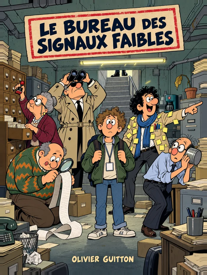 Couverture de la BD Le Bureau des Signaux Faibles : une cave d'archives où six personnages traquent des indices