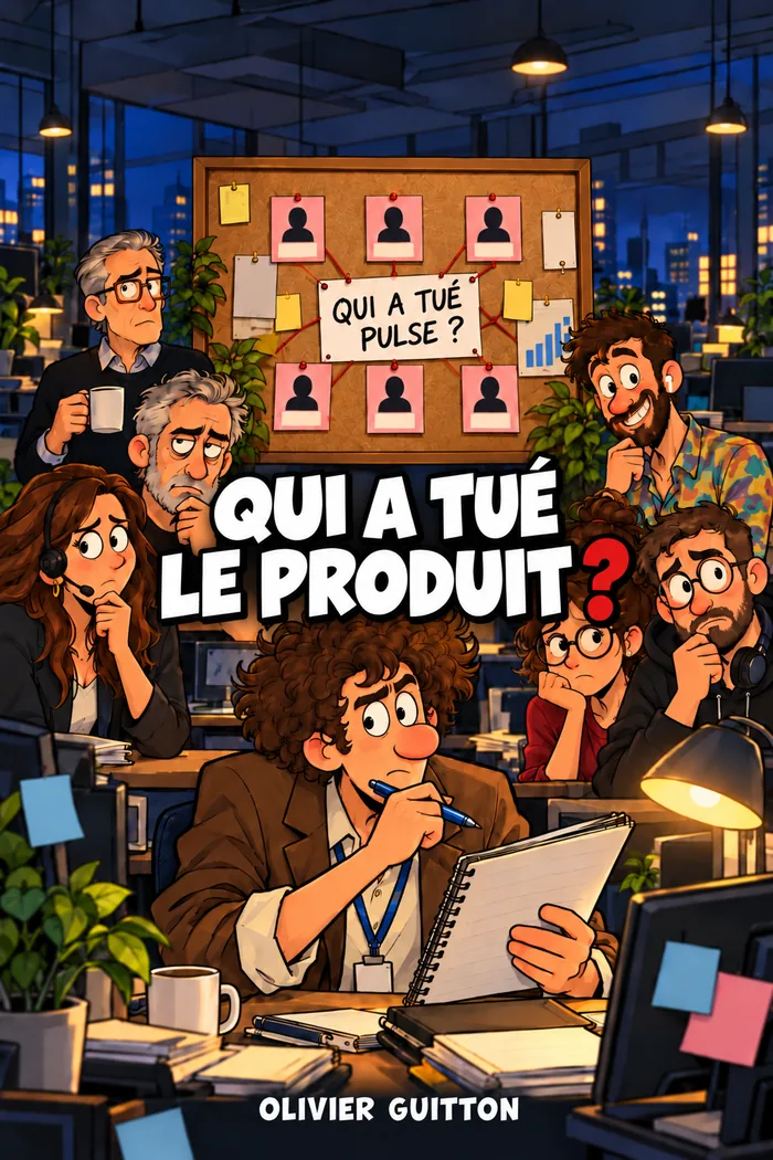 Couverture de la BD Qui a tué le produit ? : Alex, entouré de six collègues, sous un tableau de liège où sont épinglés six suspects