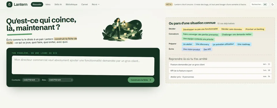 Capture réelle - la page Résoudre de Lantern : son champ de saisie et les situations déjà balisées