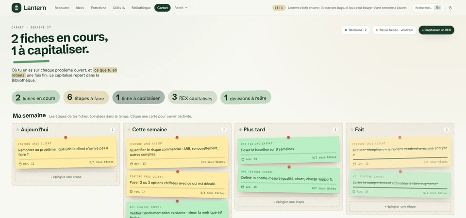 Capture réelle - le Carnet de Lantern sur ses exemples : les fiches en cours, celle à capitaliser, et le planner Ma semaine avec ses étapes épinglées