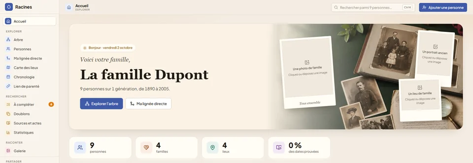 Capture réelle - l'accueil de Racines sur une famille d'exemple : le menu Explorer, Rechercher, Raconter, Partager et les compteurs de personnes, familles, lieux et dates prouvées